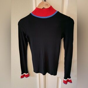 Zara knit Black Ribbed Blouse Turtleneck with Red and Blue Accents size small